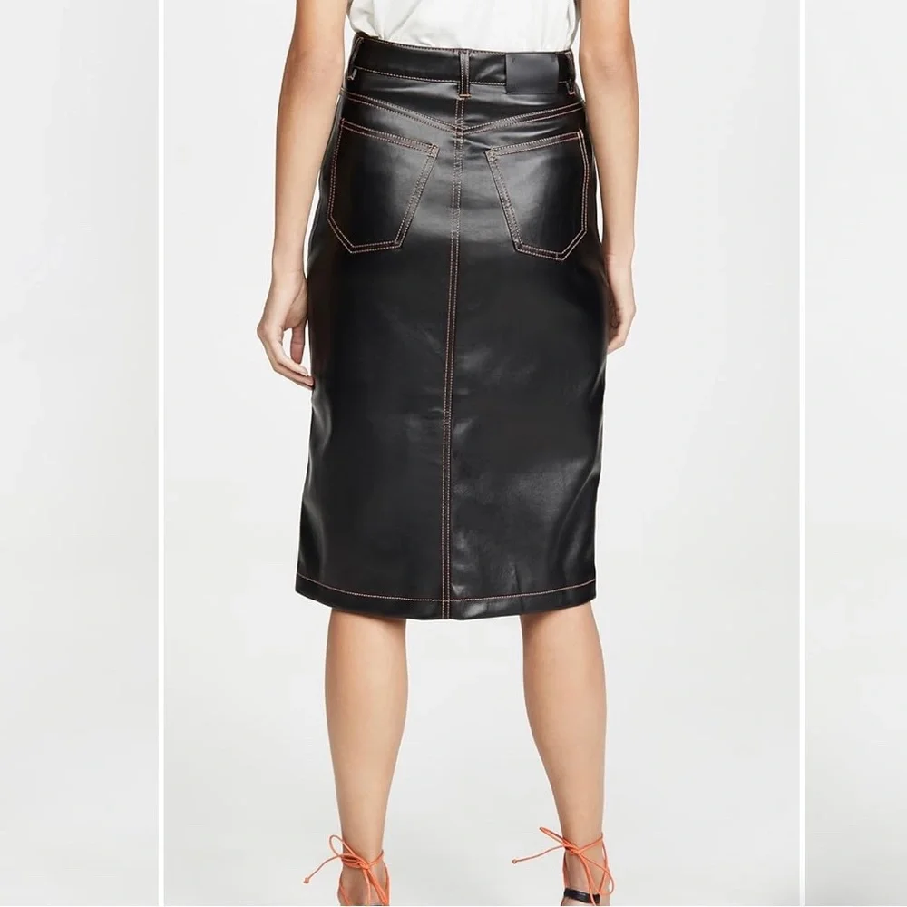 Proenza Schouler NEW Leather Midi Skirt. Black brown top stitching. Sz 2